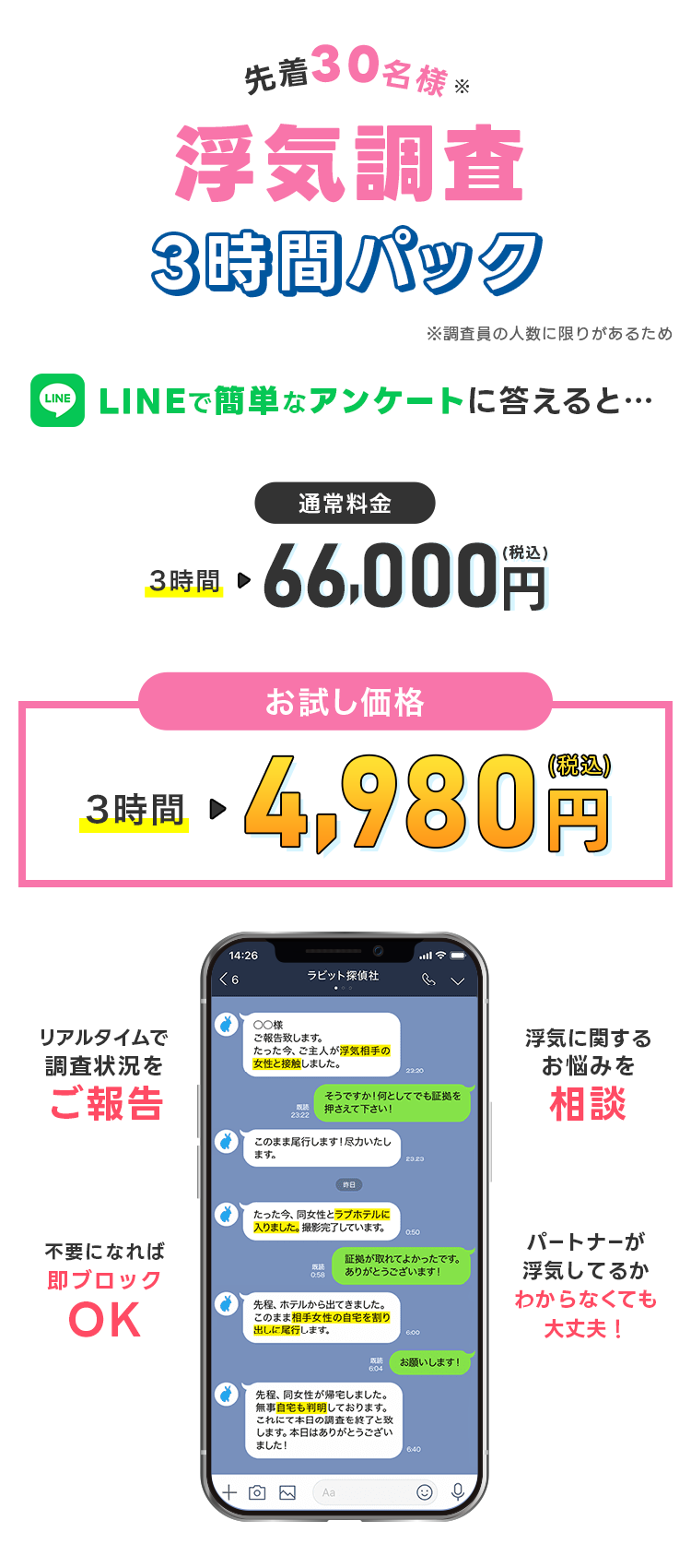 先着30名様 浮気調査3時間パック